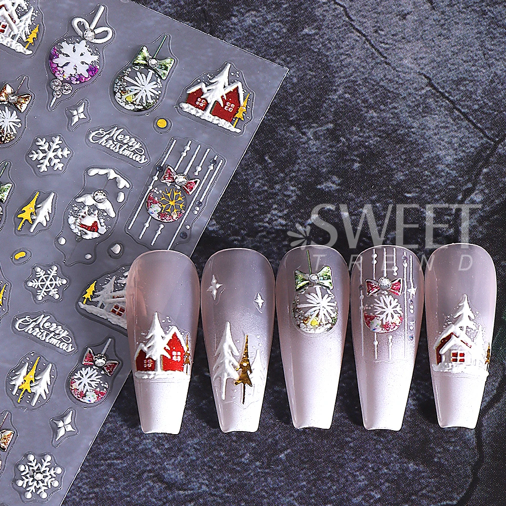 5D Embossed Christmas Snowball Nail Art Stickers Self-Adhesive Snowflake Star Nail Decals Manicure DIY Decoration Nail Supplies