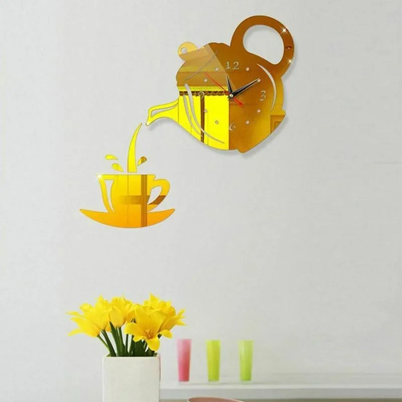 3D wall clock Creative Coffee Cup Teapot Wall Clock 3D Acrylic Kettle Shaped Wall Clocks Office Home Kitchen Dining Living Room Decoration