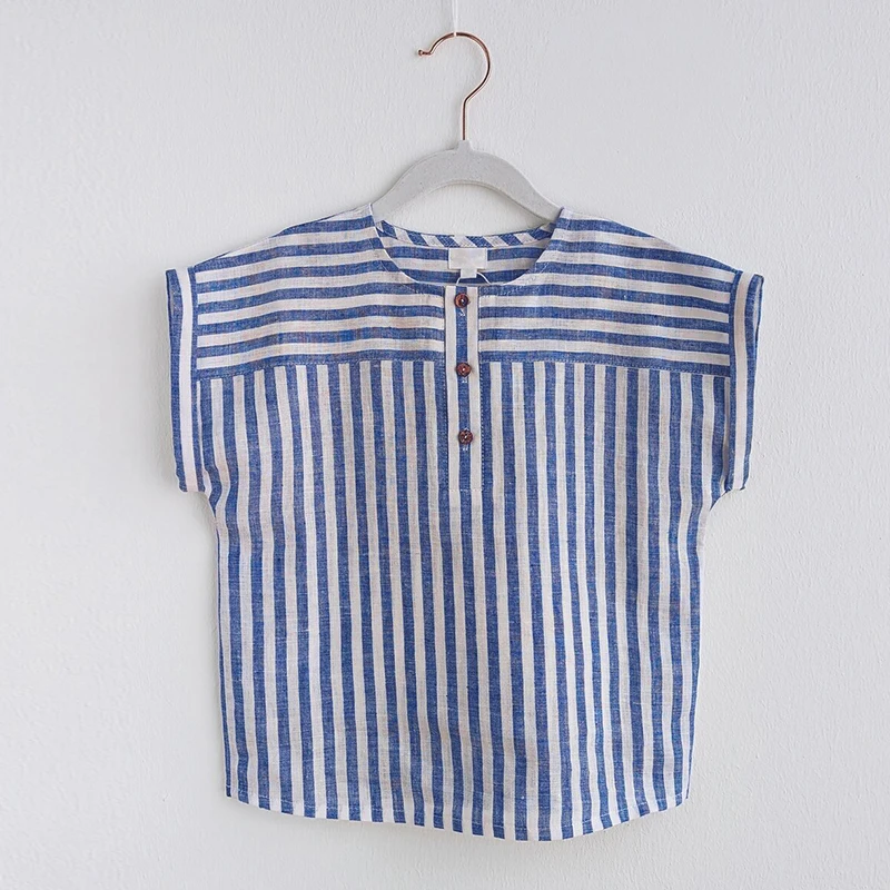 Boys Cotton And Linen Striped Casual T-Shirt 2024 Summer New Children's Round Neck Buttons Short-Sleeved Linen Tops TZ417 3