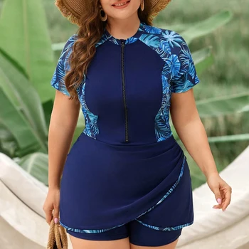 2026 Print Patchwork Plus Size Swimwear Women Short Sleeve Lady Large Two Piece Swimsuit Brazilian Chubby Big Curvy Bathing Suit