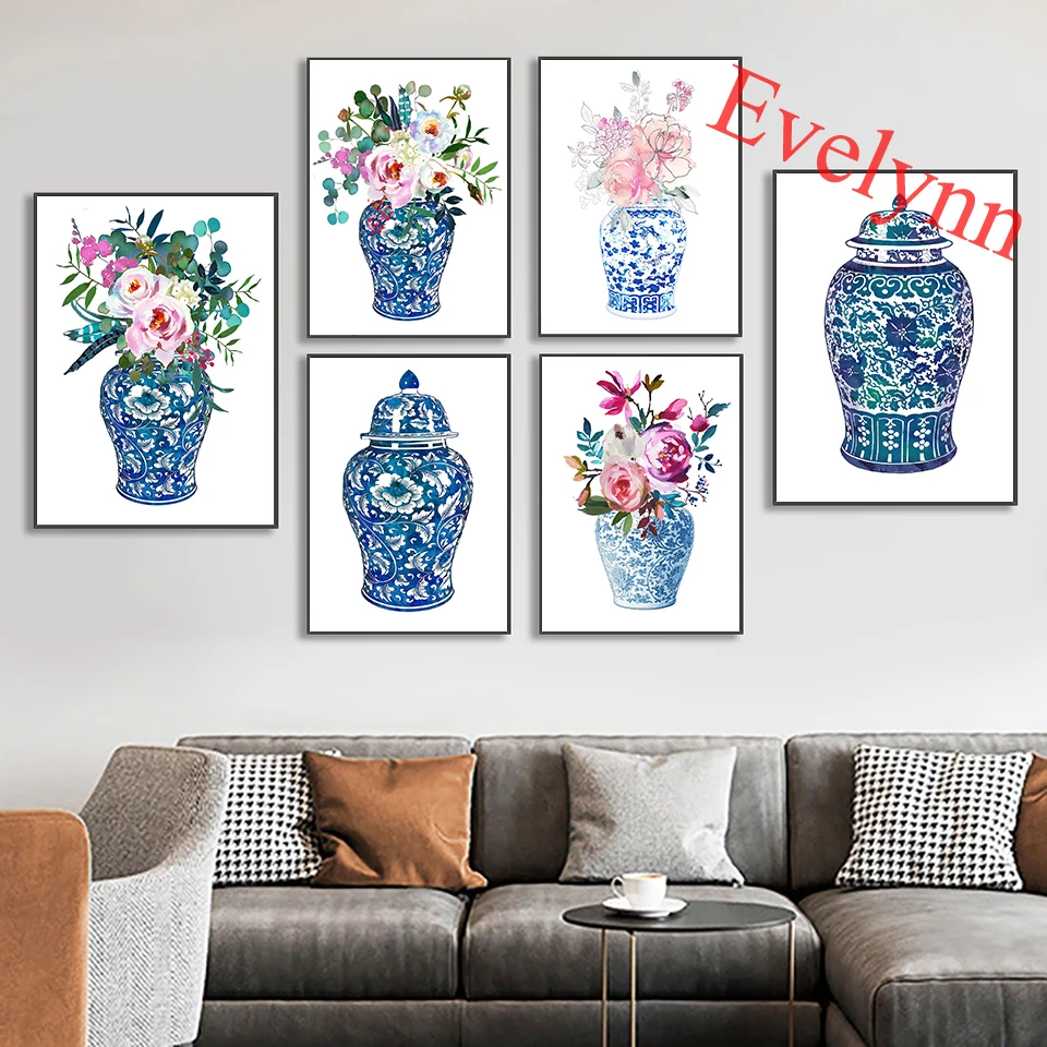 

Hamptons Watercolor Ginger Jar Floral Botanical Canvas Prints Posters Wall Art Picture Modern Home Cuadros Decor Painting Gift