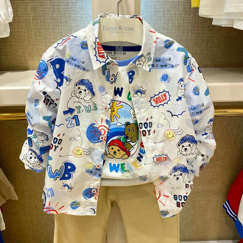 

Cartoon Bear Print Fashion Shirt For Boy Short Sleeves Loose Oversize Shirt Tops Family Matching Outfits