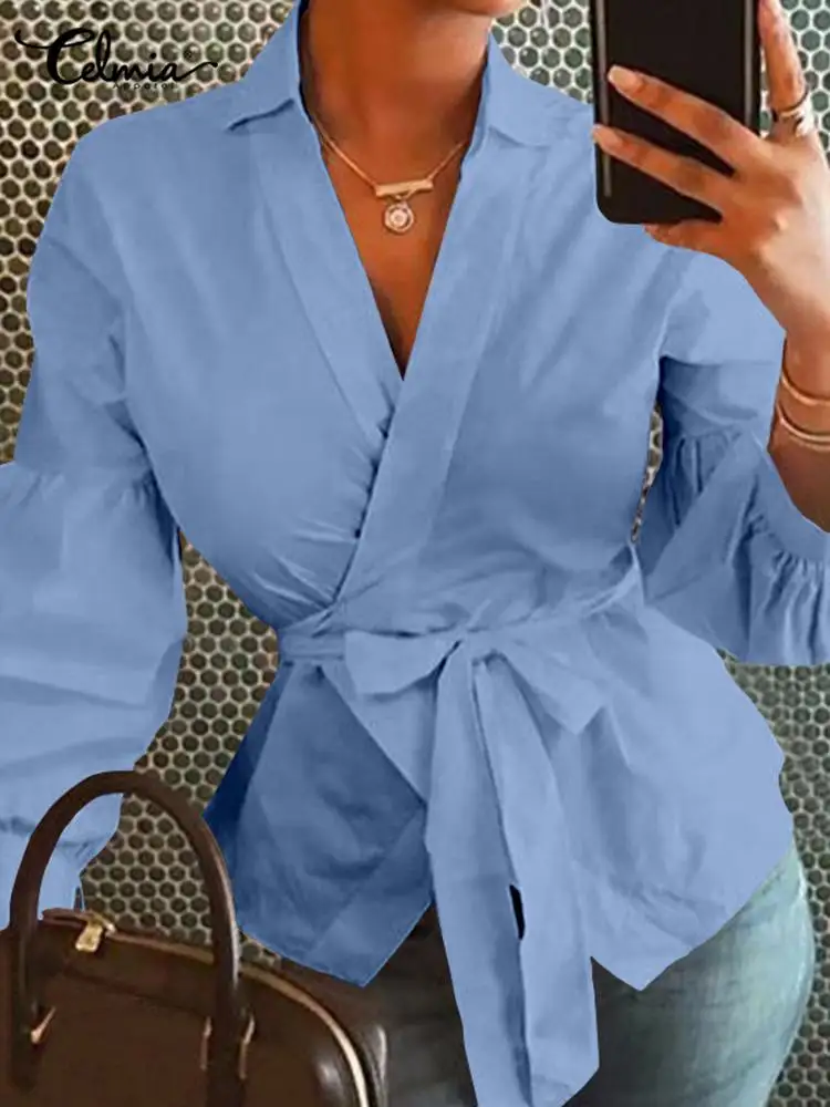 

Celmia Sexy V-Neck Blouses Elegant Party Shirts 2023 Women Long Lantern Sleeve Tops Tunic Fashion Casual Loose Blusas Belted