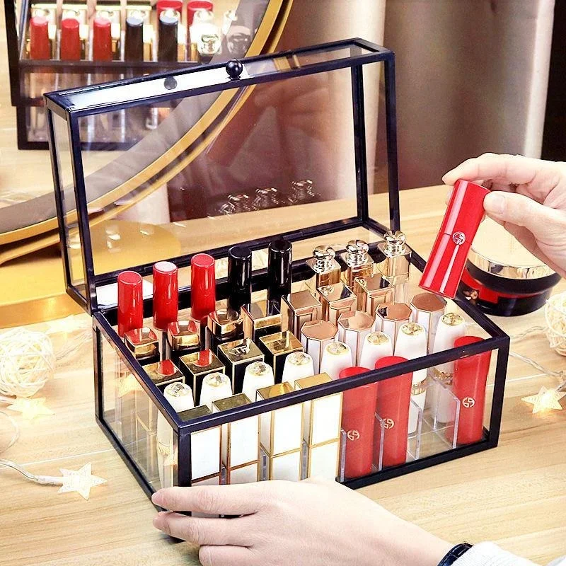 40 Slots Glass Lipstick Holder Dustproof Display Case Beauty Storage Box Luxury Makeup Organizer with Lid 5