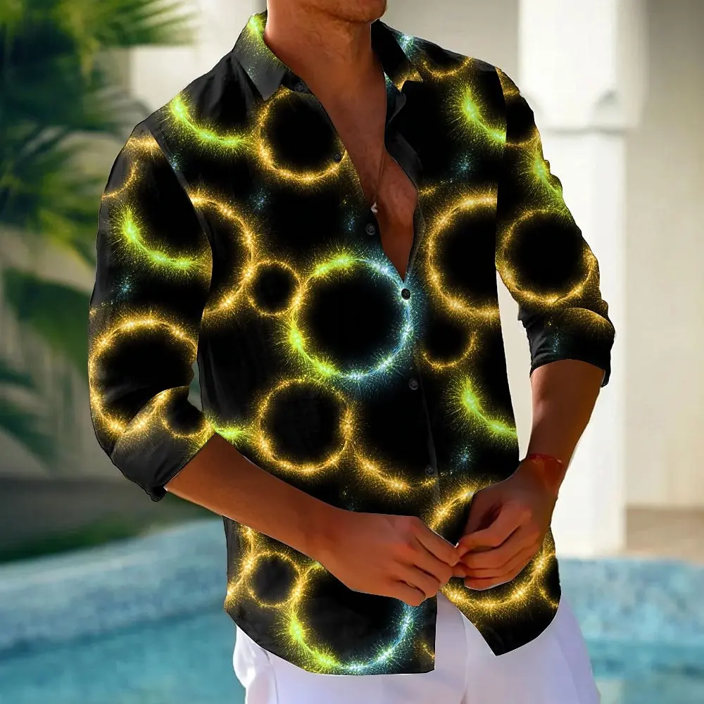 قميص رجالي ذو دائرة هندسية نيون متوهج بأزرار لأعلى...