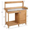 Outdoor potting bench table work station for gardening: natural wood brown weather-resistant with cabinet drawer top shelf and