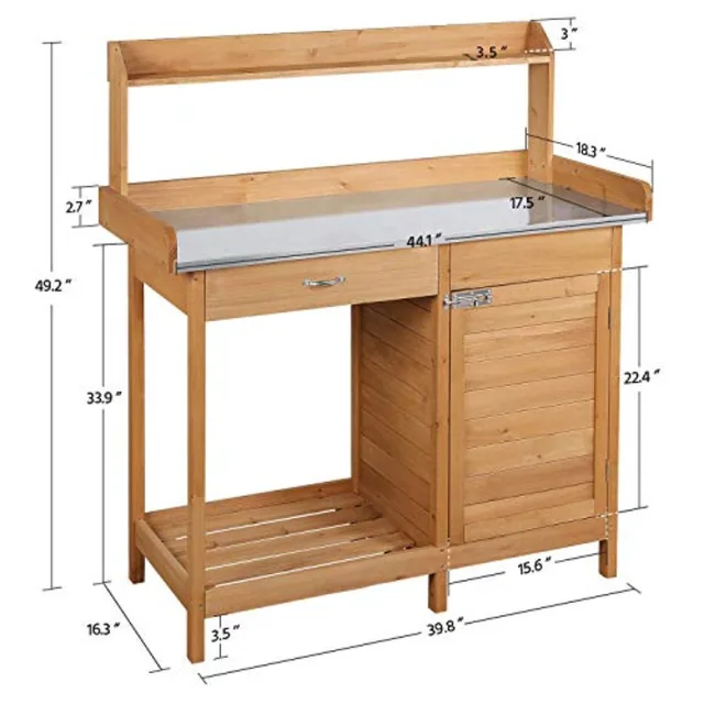 Outdoor potting bench table work station for gardening: natural wood brown weather-resistant with cabinet drawer top shelf and