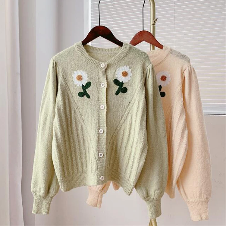 2021 Autumn Cardigans O-Neck Flower Knitted Women Long Sleeve Single Button Women Loose Sweater Female Cardigans Tops cute sweaters