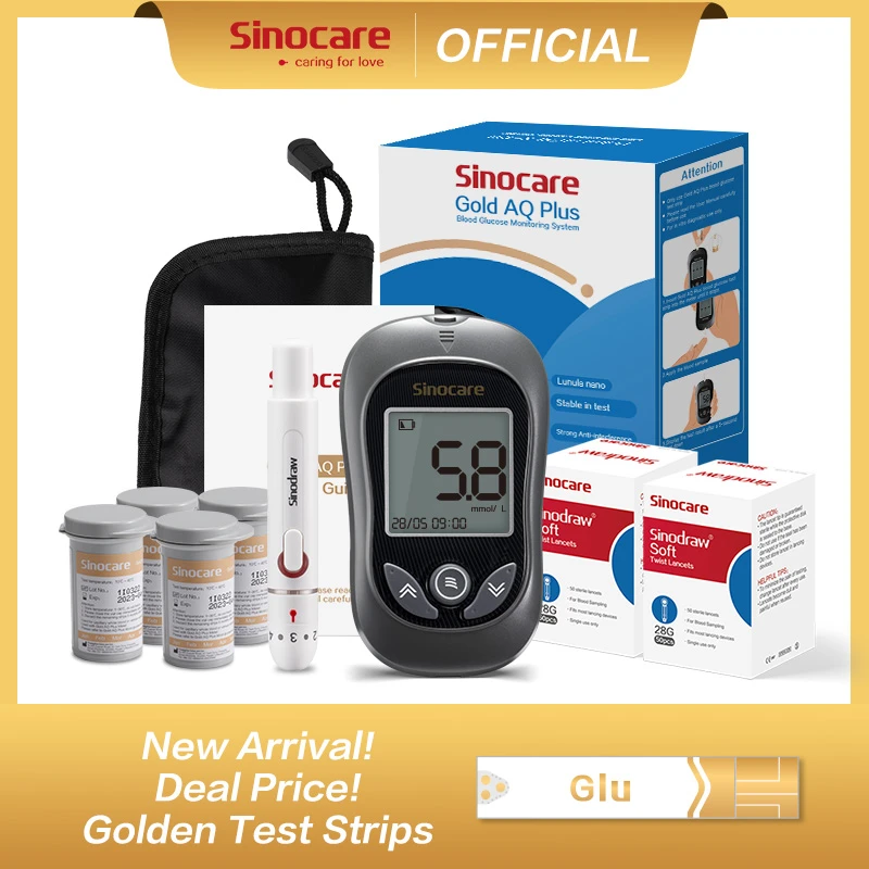 Sinocare Gold AQ Plus Blood Glucose Meter Kit Blood Sugar Test Kit with Golden Strips More