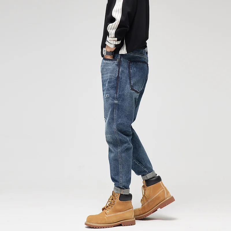 European and American casual washed stretch jeans men's autumn and winter retro denim hit color straight loose pants