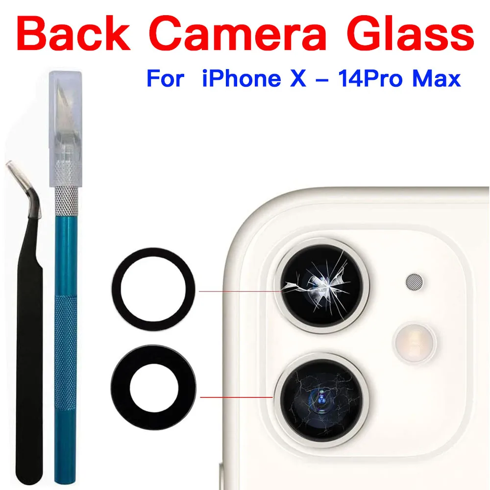 Obiettivo in vetro per fotocamera posteriore per iPhone 13 14 X XR XS 11 12 Mini Pro Plus Max con sostituzione del Kit di strumenti di riparazione e adesivo