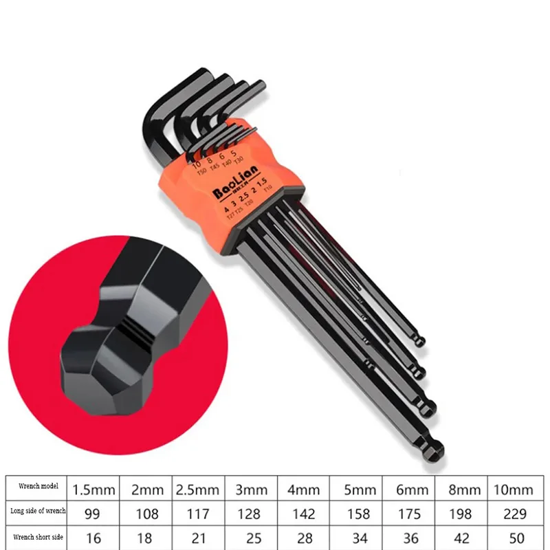 9Pcs Hex Wrench Set Allen Wrench Allen Screwdriver Tool Square Torx Inner Hexagonal Long Ball End L Key 1.5-10mm