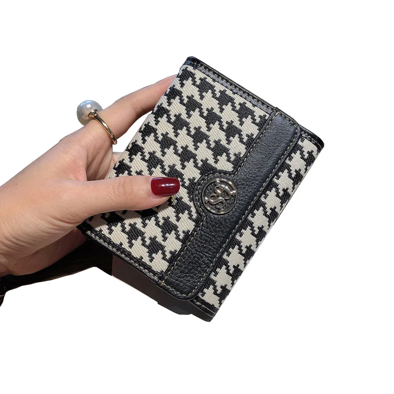 

2023 Brand Designer Short Wallet Houndstooth Embroidery Women Coin Purse Genuine Leather Three-fold Billfold Cowhide Card Holder