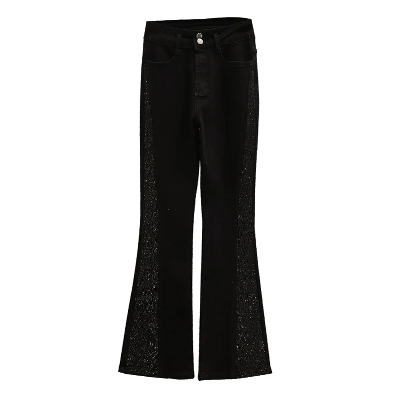 

Black Diamond-Studded Flared Trousers Spring Autumn Winter Women'S Baggy Jeans 2022 Trend Denim Pants Streetwear Female Clothing