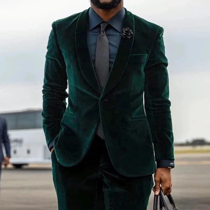 

Dark Green Velvet Men Suits for Wedding Business Shawl Lapel Groom Tuxedo Custom Made Male Fashion Jacket with Trousers 2022