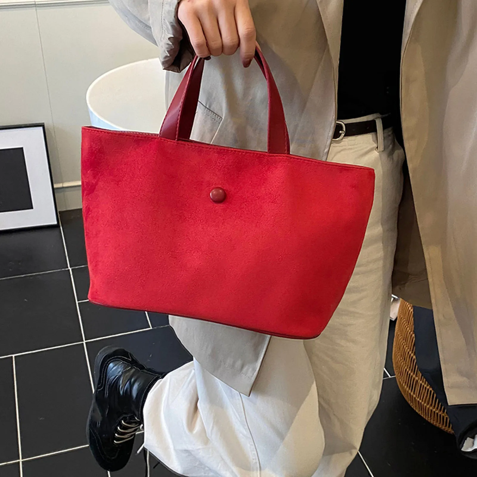 Women Girl Frosted PU Leather Single Shoulder Tote Bag Top Handle Bag Solid Color Handbag for Travel Shopping Work Daily Use