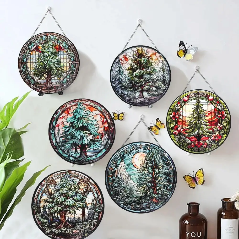 

Christmas Pine Tree Vintage Room Decor Home Window and Wall Decor Round Retro Acrylic Art Painted Never Fade Decoration Plaque