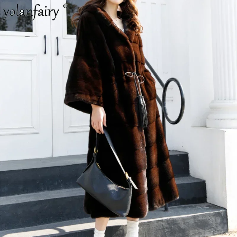 

Real Mink Coat Women's Whole Mink Long Fur Coats and Jackets for Women Waisted Slim Hooded Fur Clothing Female Winter Jacket FCY