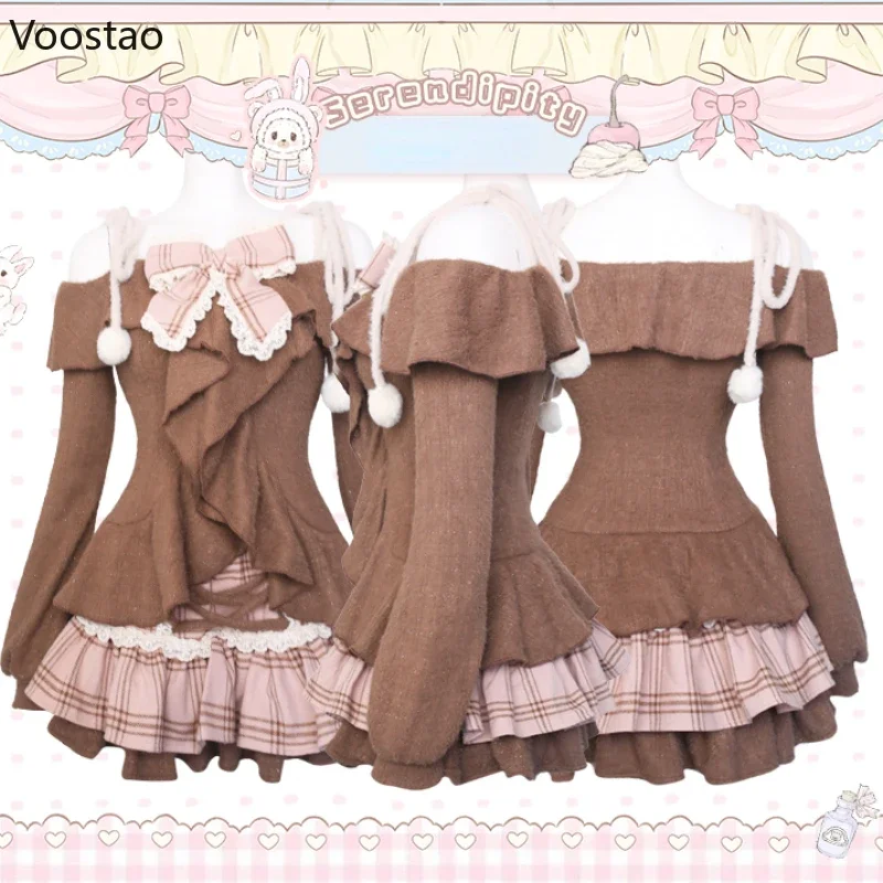 Japanese Sweet Lolita 2 Piece Sets Women Retro Off Shoulder Bow Blouse Tops Plaid Cake Mini Skirt Girls Kawaii Y2k Slim Outfits 6