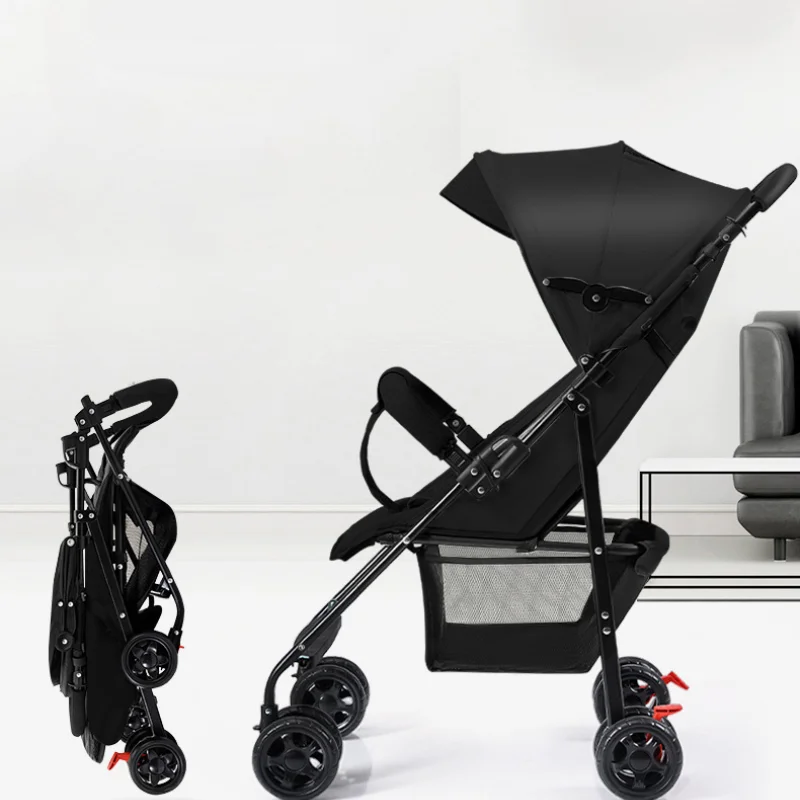 Lightweight baby stroller One Lick Folding Baby Stollingcart Sit & Lying Large Canopy Storage Cup Holder Infants
