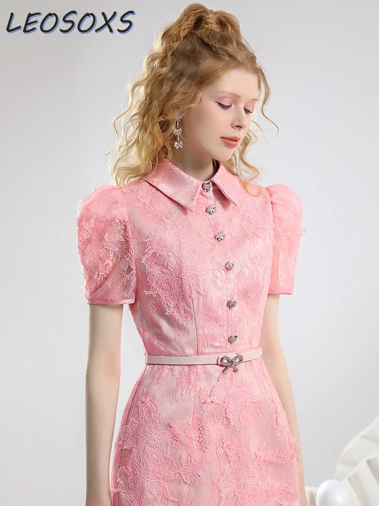 

Sweet Romantic Gentle Lady Lace Dress Women 2024 Summer New Pink Shirt Collar Commuter Short Sleeve Mini Dress for Girls Vestido