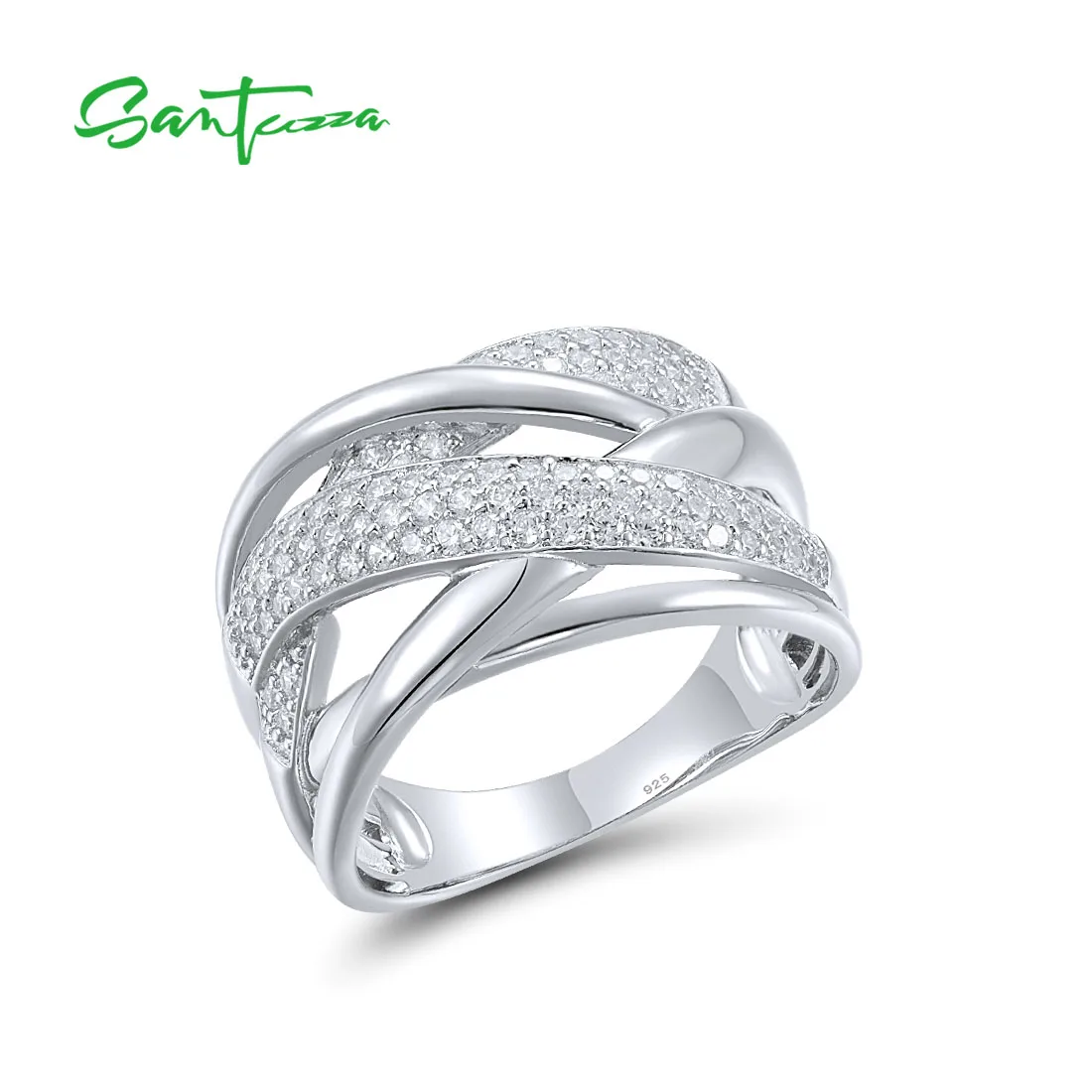 SANTUZZA Genuine 925 Sterling Silver Rings For Women Sparkling White Cubic Zirconia Charming Gorgeous Modern Fine Chic Jewelry