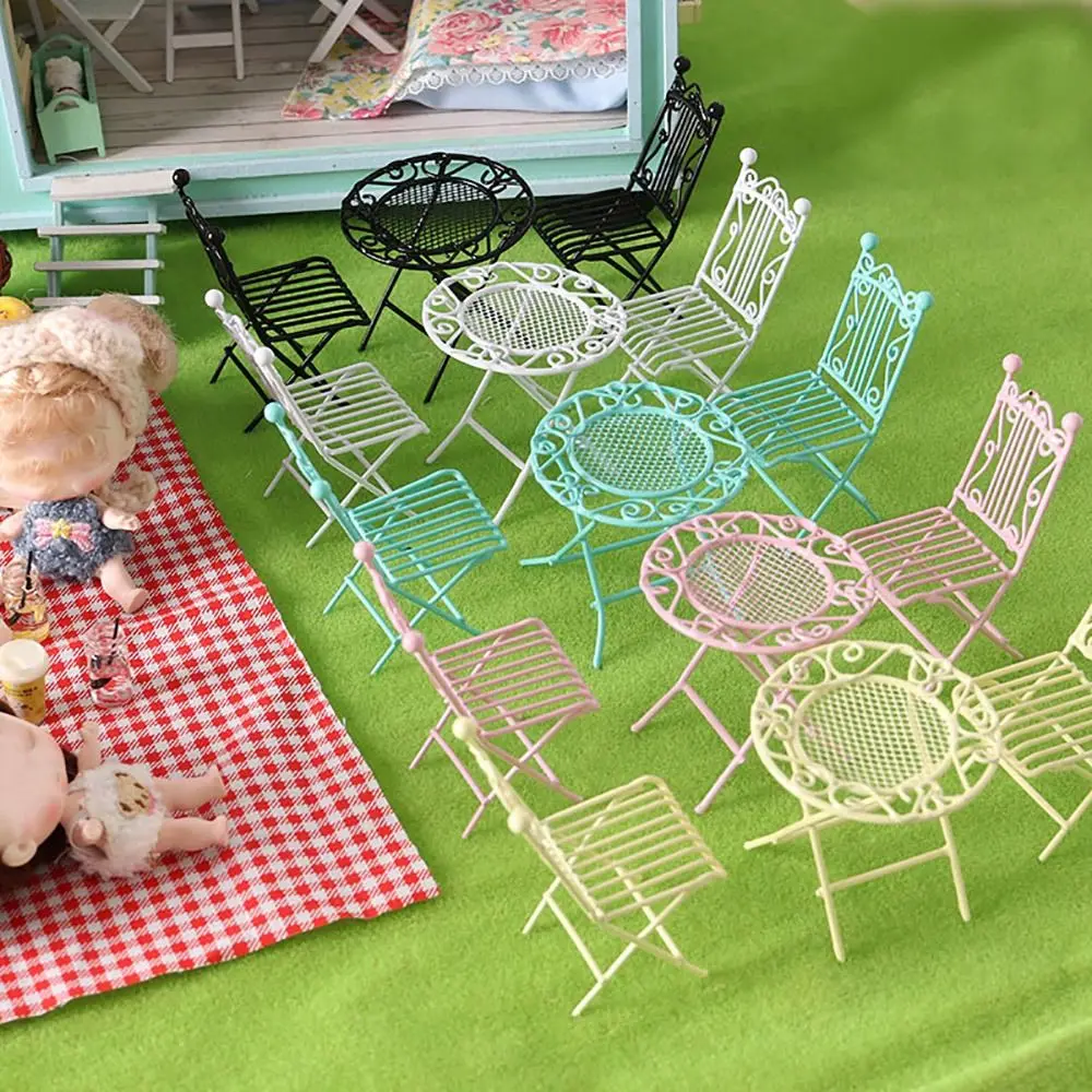 1Set Vintage Metal Miniature Table Chair Suit Dollhouse Furniture Accessories Mini Park Seat Fairy Garden Ornament Kids Toys 4