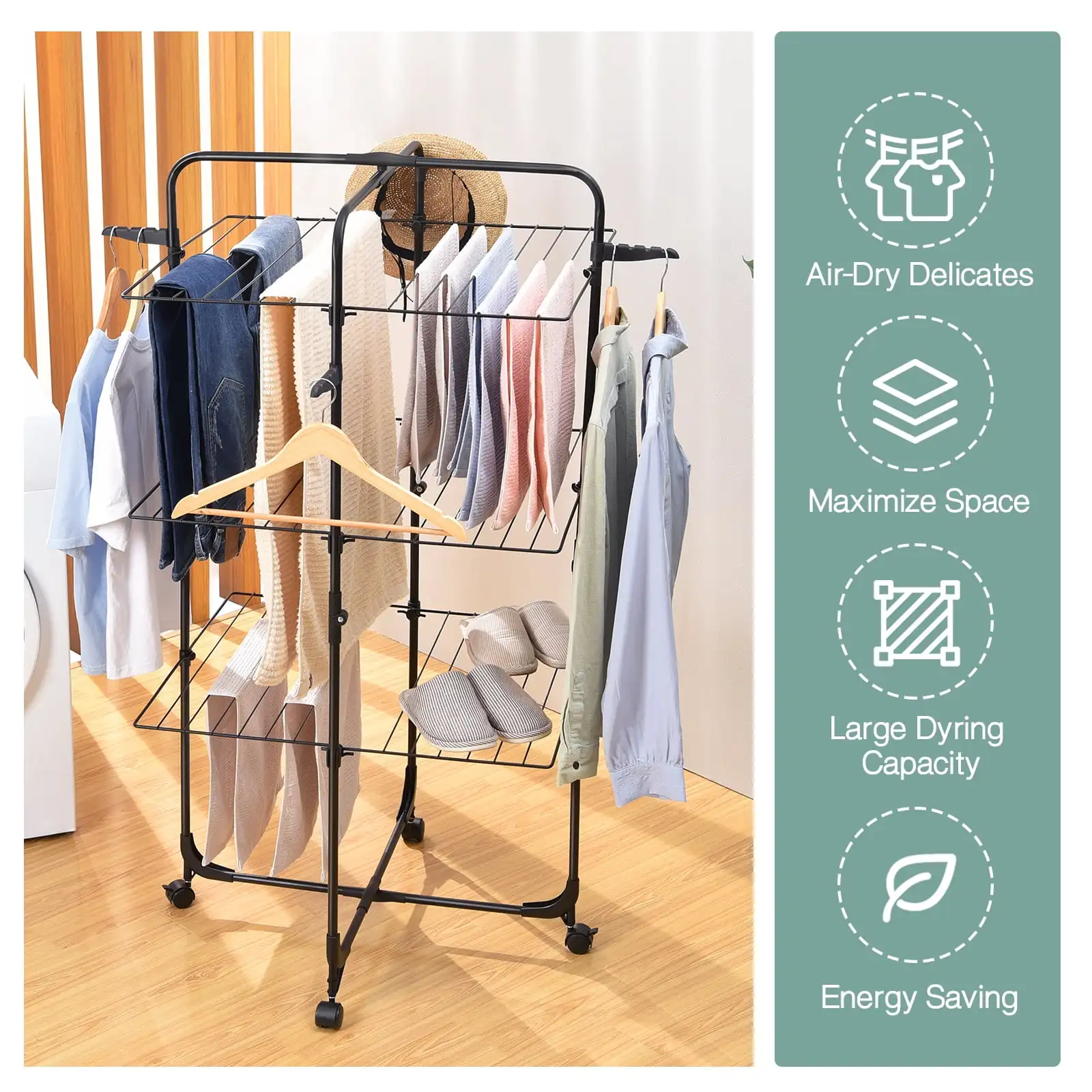 Clothes Drying Rack, 3-Tier Folding Indoor Laundry Drying Rack with Wheels 4 Hooks, Metal 4