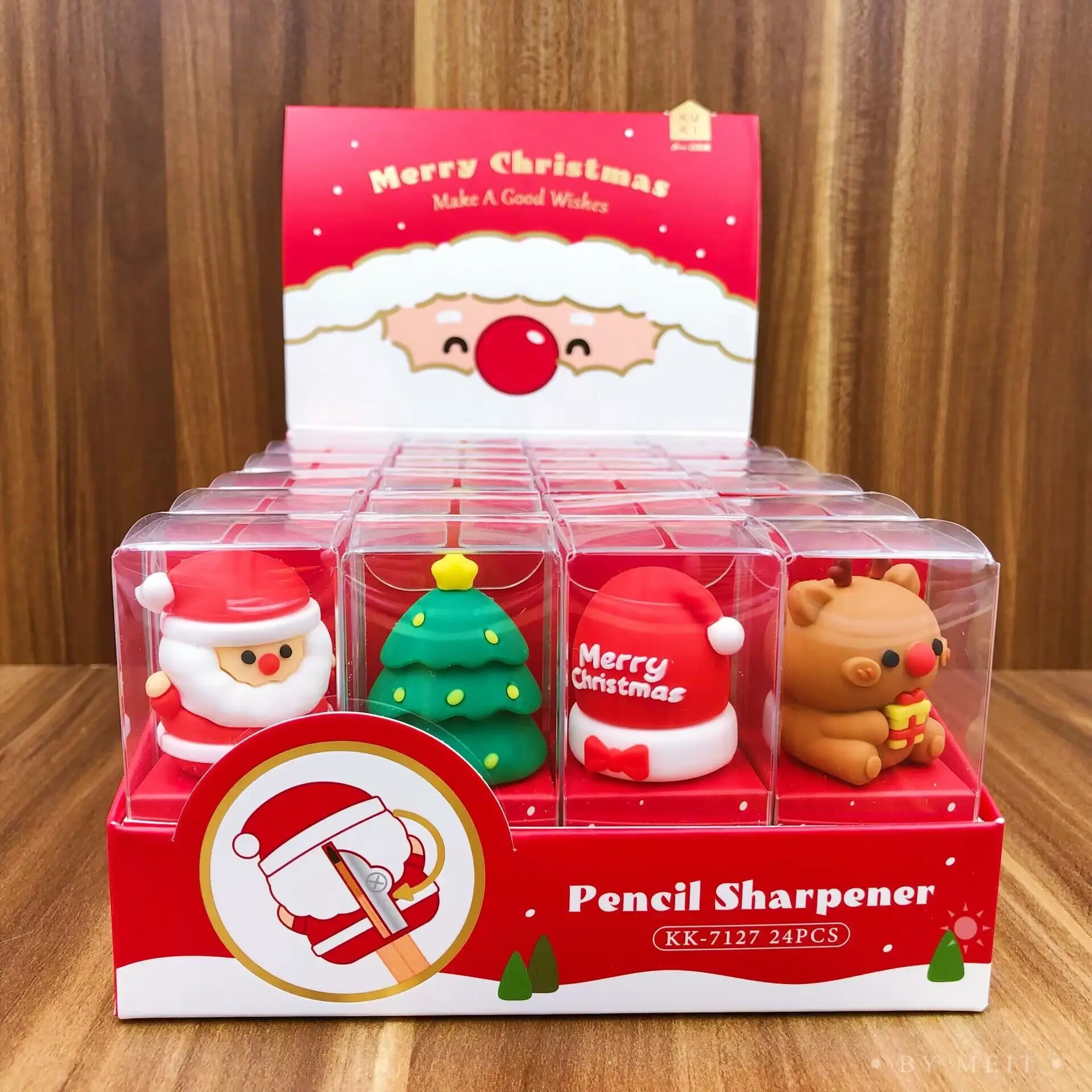 

24 pcs/lot Creative Christmas Santa Claus Bear Pencil Sharpener Cute Hand Mechanical Cutter Knife Stationery Gift School Supply