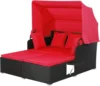 Outdoor Hand-Woven PE Wicker Daybed Patio Loveseat Sofa Set with Retractable Canopy & 2 Side Tables, Outdoor Sun Lounger 1