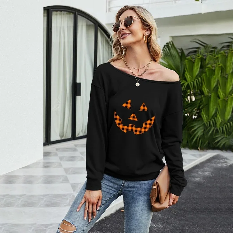 Women Wild Casual Long Sleeve Halloween Printed Tops Sexy Oblique Collar Sweatshirt 2021 Fall Winter New Loose Fashion Pullover