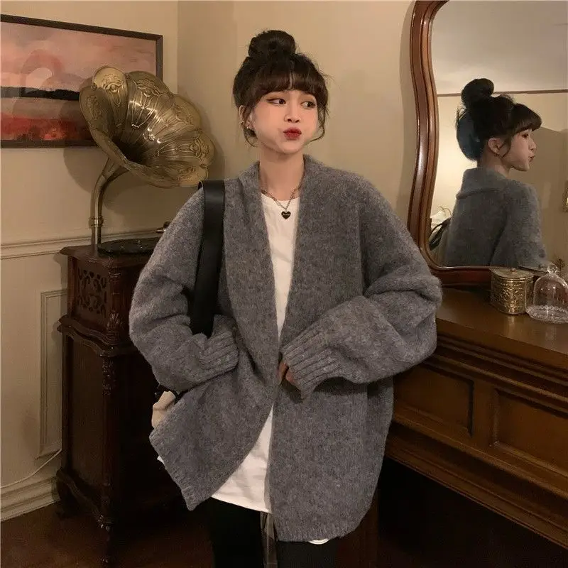 일본식 빈티지 루즈핏 v넥 긴팔 가디건 여성용, 올 매치 솔리드 컬러 인기 상품, 2022 가을 신제품