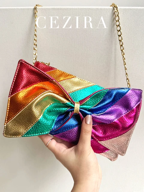Luxury Metallic Vegan Leather Handbag Colorful Stripes Patchwork Sweet PU Bow knot Clutch Metal Chain Crossbody Bag Funky Y2K