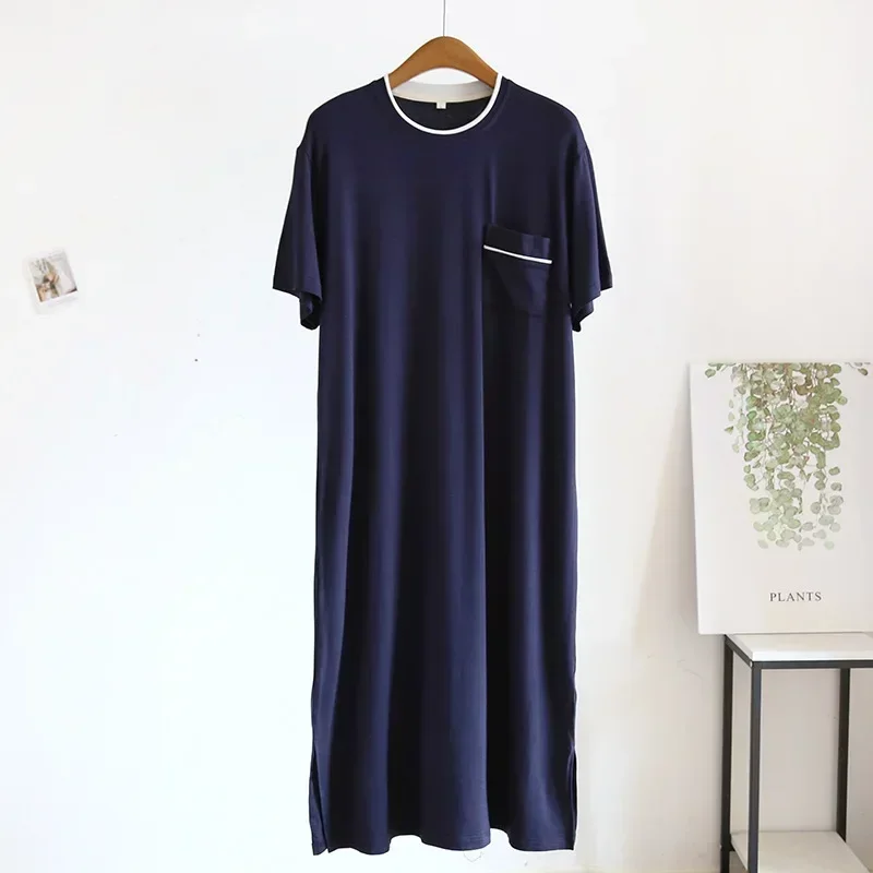 Men's Modal Nightgown with Pocket One Piece Short Sleeved Medium Length Nightgown Large and Thin Home Bath Nighty Dress mens pajamas mens nightdress