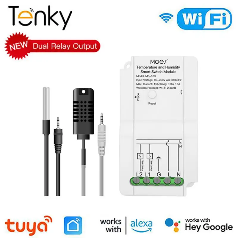 

Tuya WiFi Smart Temperature Humidity Switch Module Sensor Dual Relay Output Wireless Controller Work With Alexa Google