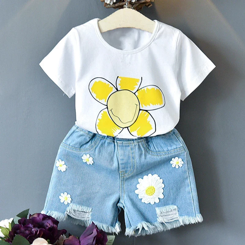 Girls Clothes Sets Summer Toddler Korea Style Flower Collar Striped T-Shirt+Denim Shorts 2 Pcs Kids Clothes