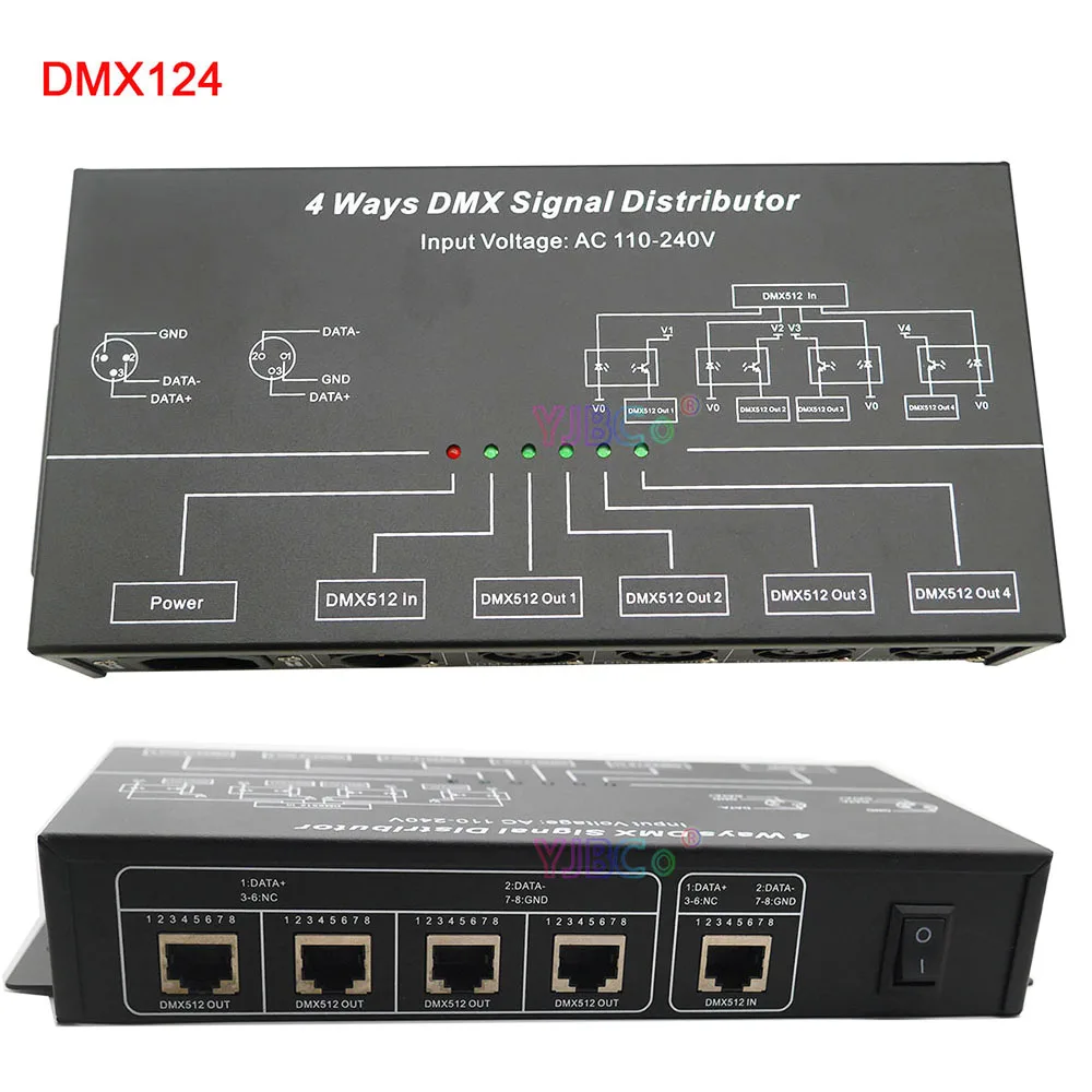 4CH LED DMX512 amplifier Splitter DMX124 DMX signal repeater 4 channels 4 output ports DMX signal distributor 110V-220V AC input multigroup sound source input switcher 3 4 6 in choice 2 out rca signal input audio splitter switcher