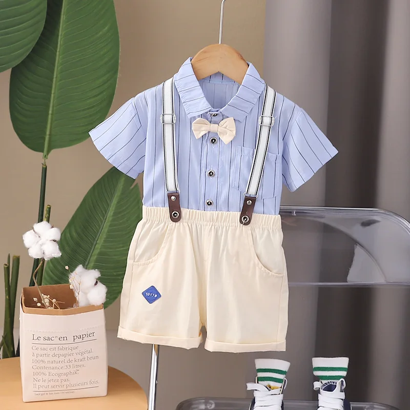 

Toddler Boys Summer Infant Clothes 2024 Korean Gentleman Children's Striped Short Sleeve Shirts and Overalls Two Piece Kids Set