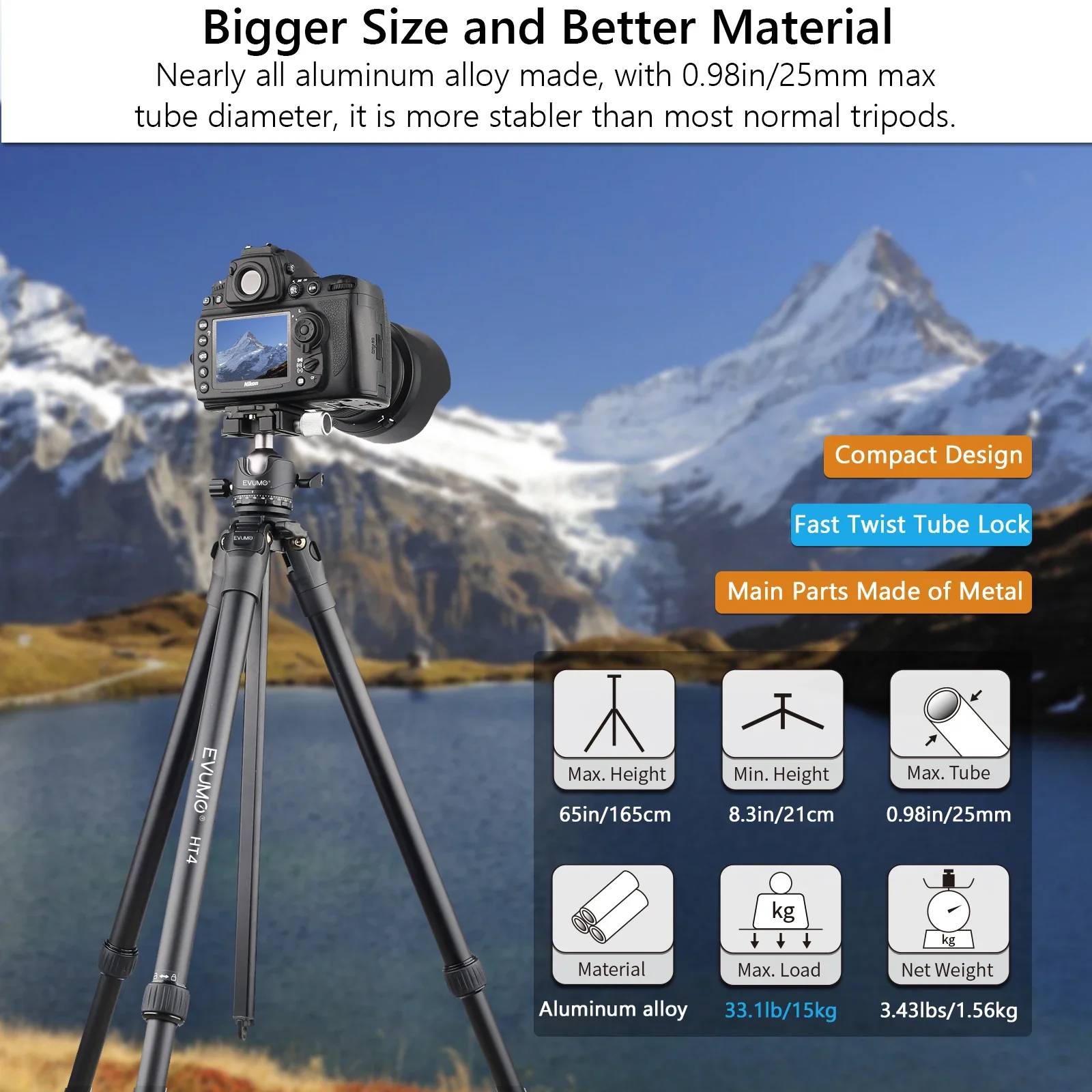 HT4 Aluminum Lightweight Travel Tripod with Panoramic Ballhead for DSLR Camcorde