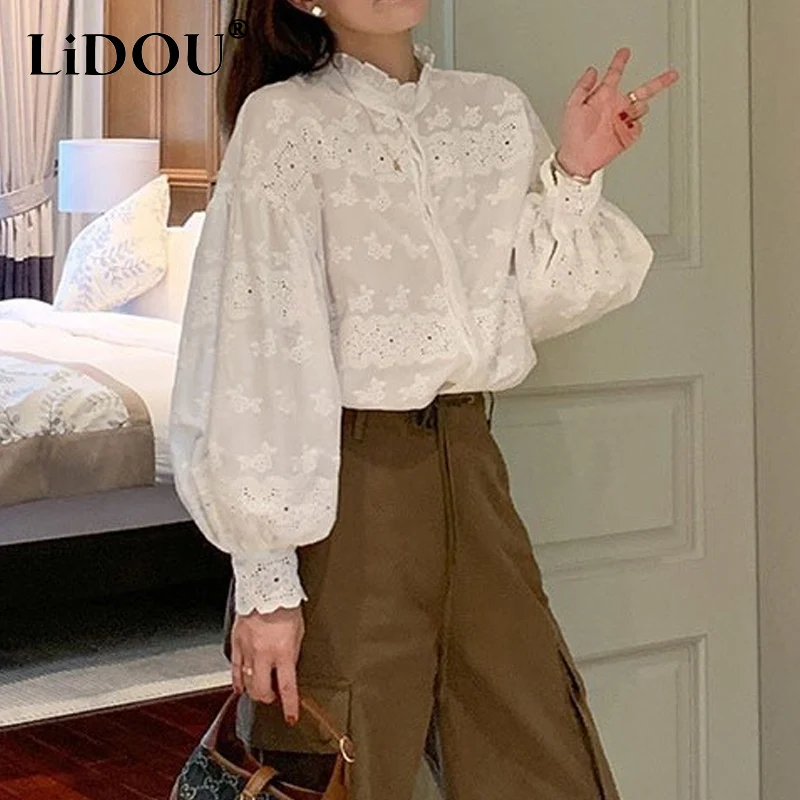

2023 Spring Autumn New Solid Color Round Neck Pure Cotton Shirt Women Lantern Sleeve Single Breasted Hollow Out Loose Cardigan