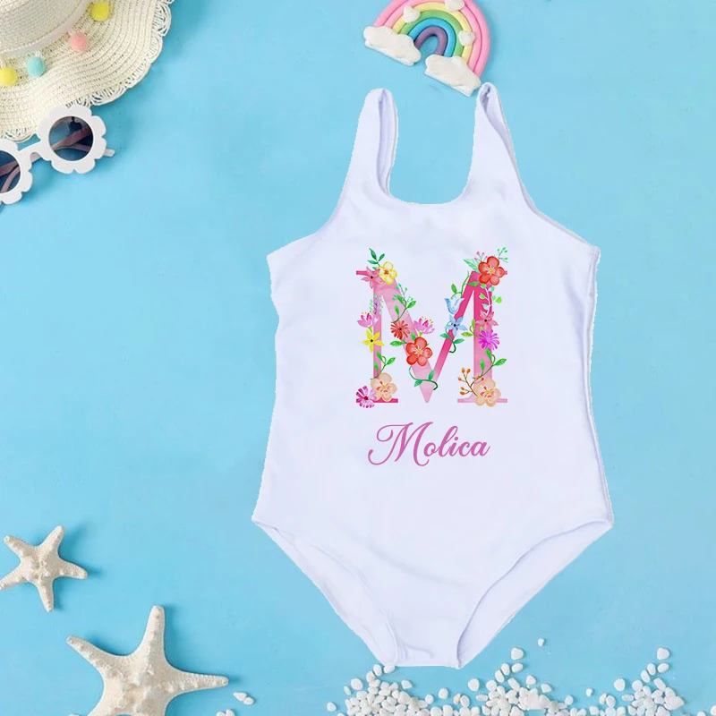 Personalized Custom Initial Name Baby Girl Swimsuit 2-7 Year One Piece Swimwear Children's Beach Clothes Kid Summer Bathing Suit 1