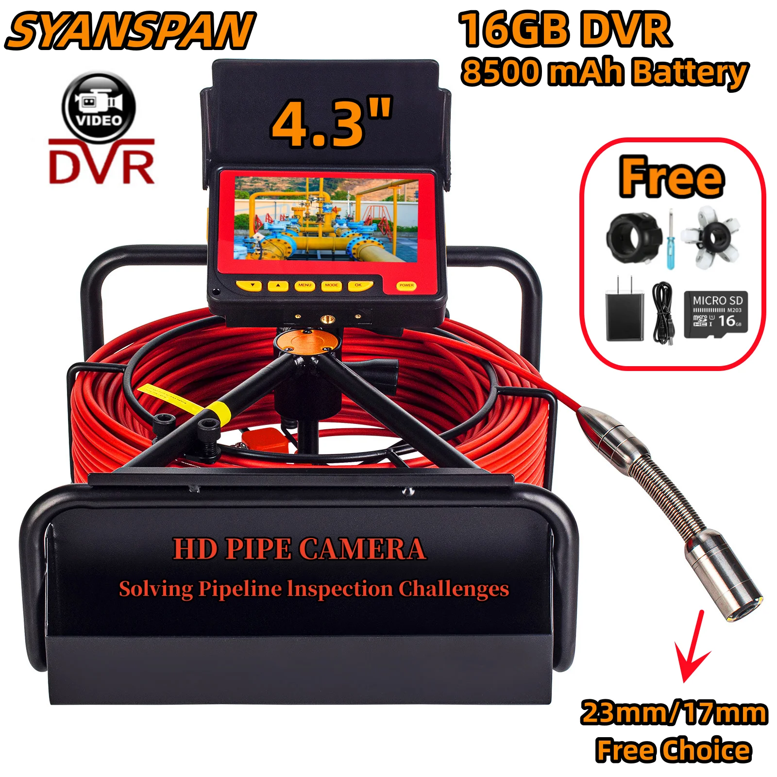 

DVR 16GB Card 8500mAh Battery Capacity HD Pipeline Camera SYANSPAN IP68 Industrial Drain Sewer Pipe Inspection Camera Endoscope