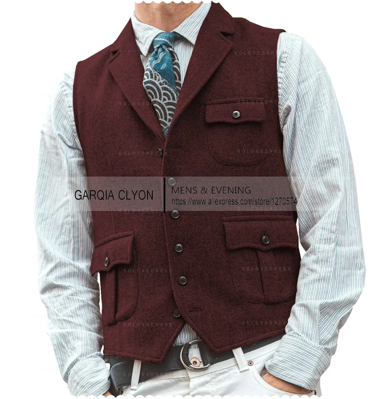 Lapel Men's Herringbone Farbic Men's Suits Vest Casual Business Men's Vest Single Breasted With Real Pocket For Groomsemen 5