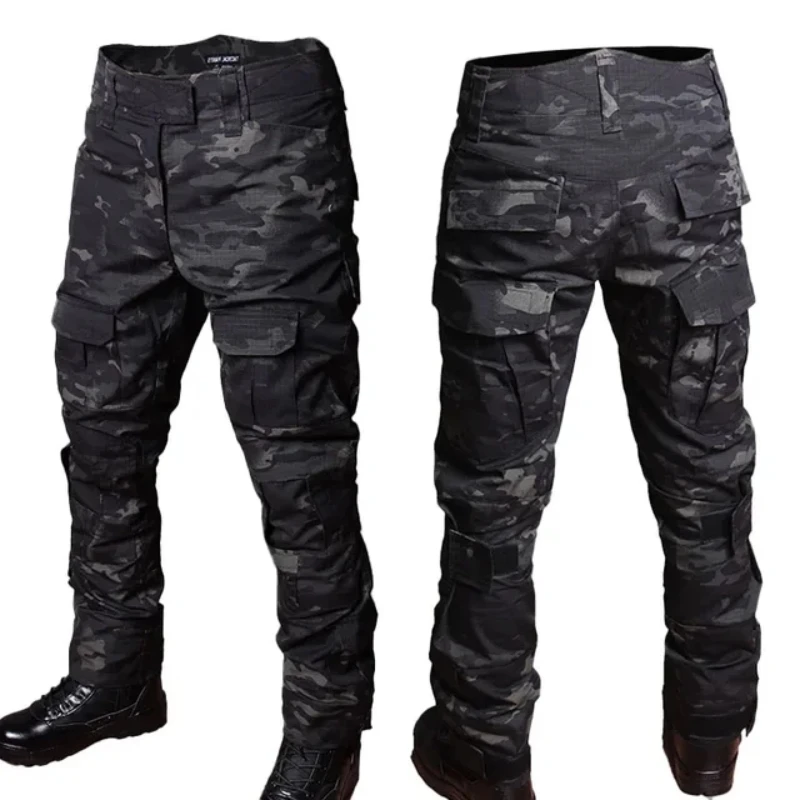 Summer Black Camo Training Set Mens Half Zip Combat Tops Waterproof Tactical Suit Elastic Multiple Pockets Quick Drying 3-pcs 3
