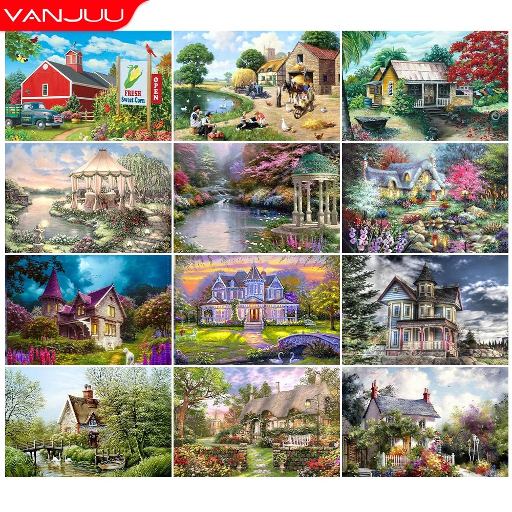 

5D DIY Diamond Embroidery Villa Scenery Diamond Mosaic Full Round Diamond Painting Wall Decoration Painting