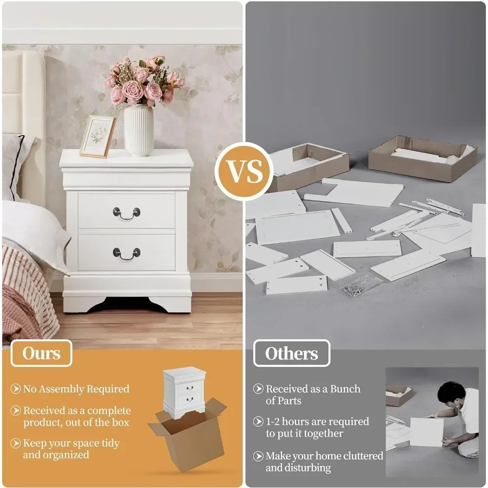 Fully-Assembled Nightstands Set of 2, 2-Drawer Nightstands Large Classic Bedside Tables with Storage, Wooden Painted 5