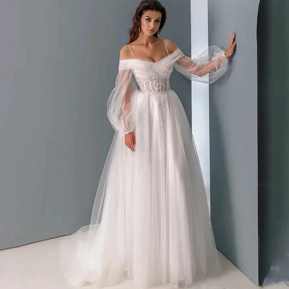 

Elegant A Line Wedding Dress Tulle Sweetheart Neck Spaghetti Straps Dresses Illusion Floor Length Bridal Gowns Vestido De Novia