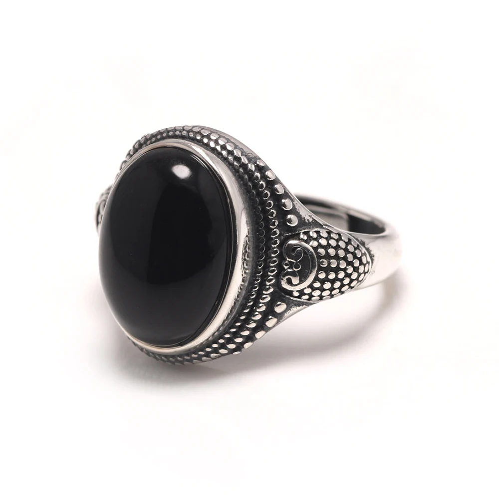 Real Pure 925 Sterling Silver Natural Black Onyx Stone Rings For Women  Vintage Style Thai Silver Resizable Open Type - AliExpress