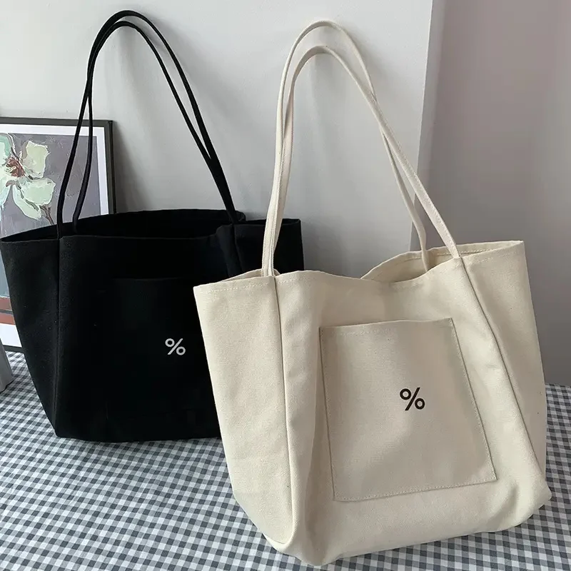 100pcs 외부 포켓, 간단한 어깨 쇼핑백 도매 사용자 정의 로고 인기있는 대용량 캔버스 토트 백
