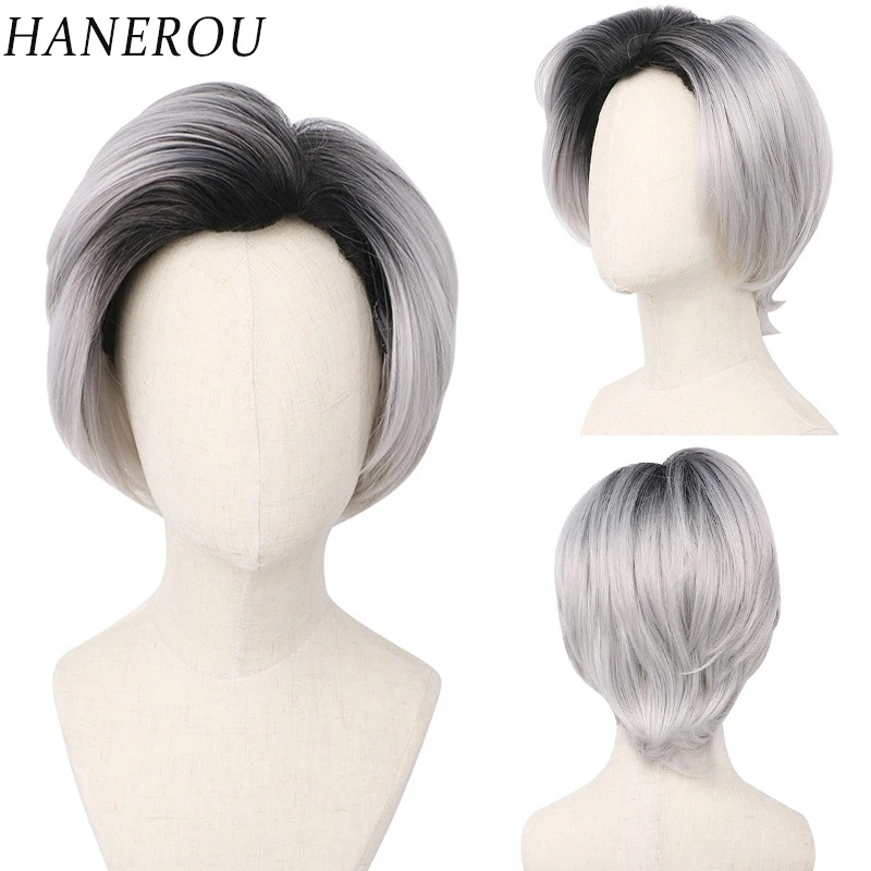 

HANEROU Men Short Synthetic Wig Straight Black White Mixed Natural Hair Heat Resistant Wig for Daily Cosplay Party